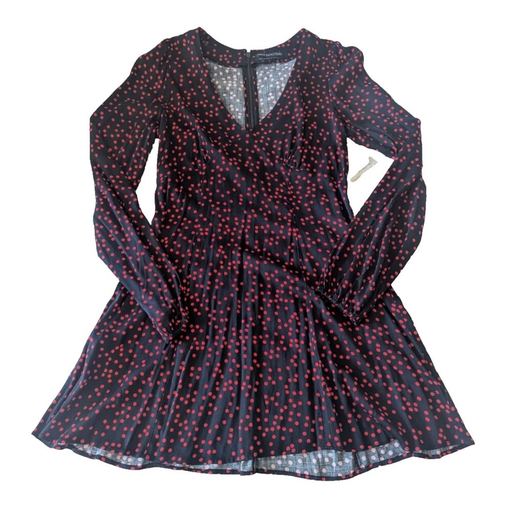 Urban Outfitters Women's Dress Medium Black Red Polka Dot Long Sleeve V-Neck Min